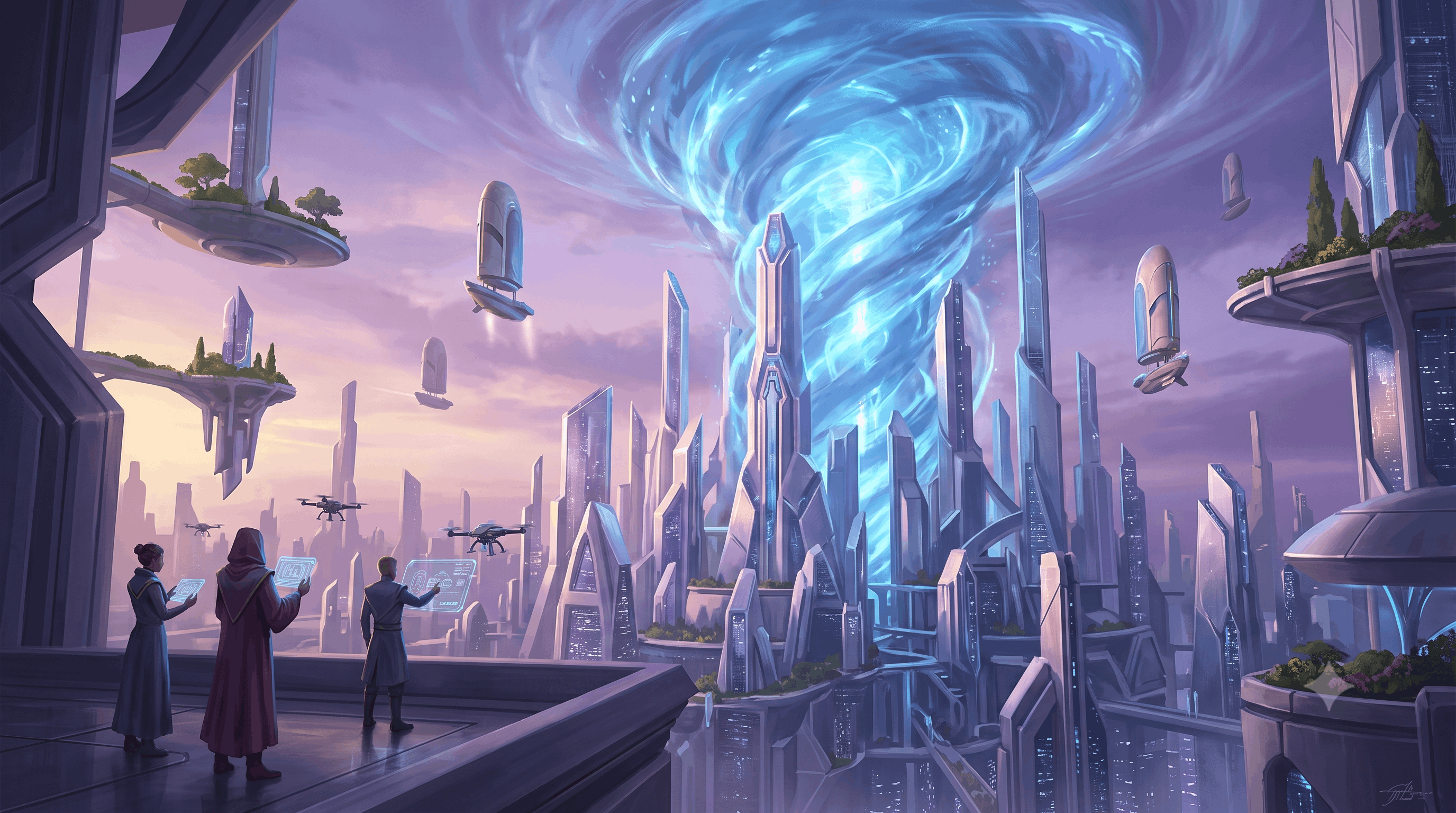 Futuristic city with blue torrent