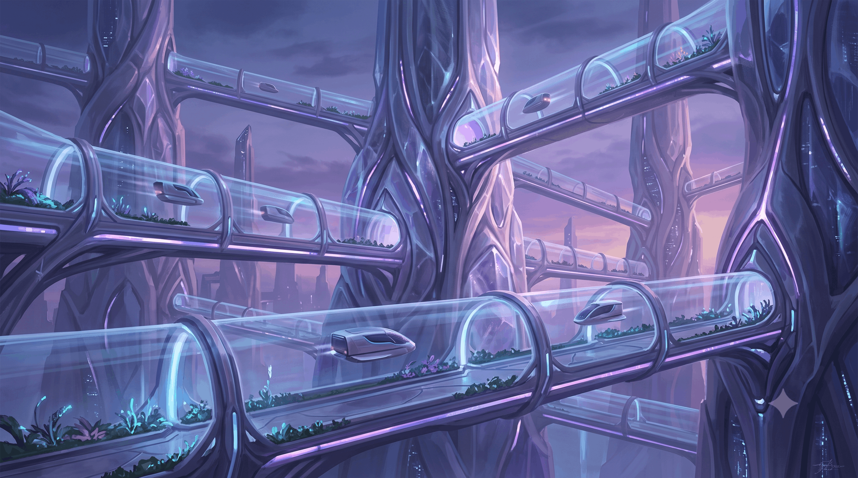 Futuristic city with transportation tubes