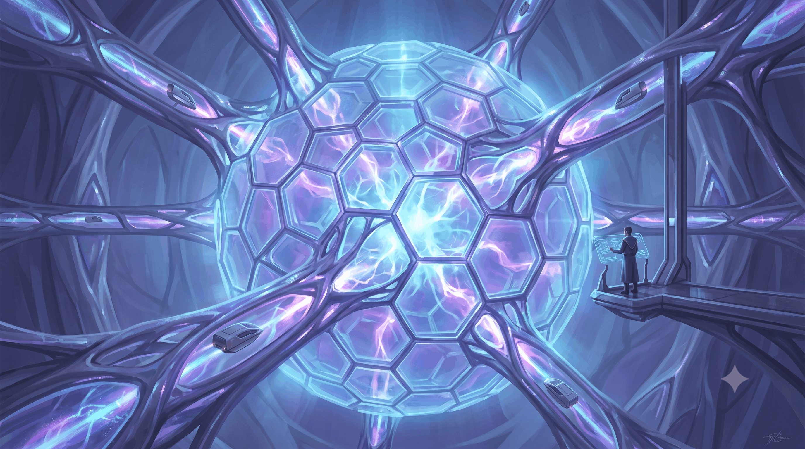 Futuristic city with giant neural network