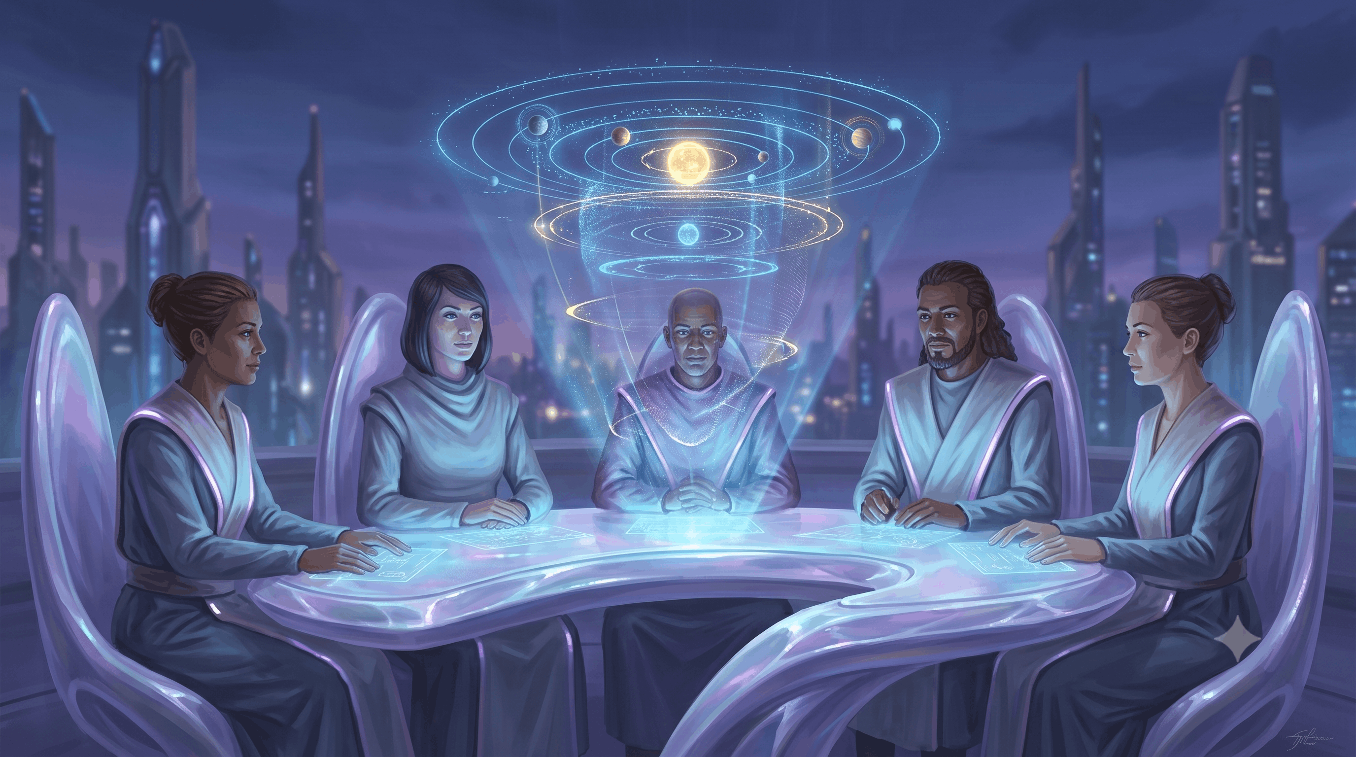 Futuristic city with hologram of solar system